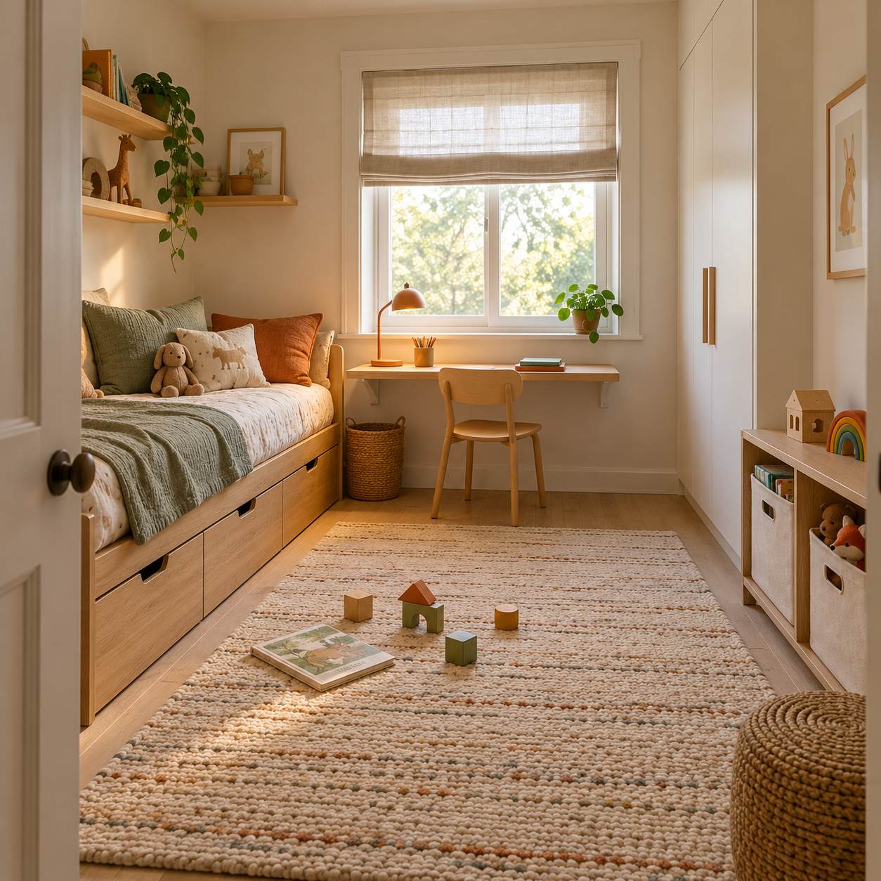 Warm compact kids' room with a storage bed, study desk, vertical shelving, and open play space.
