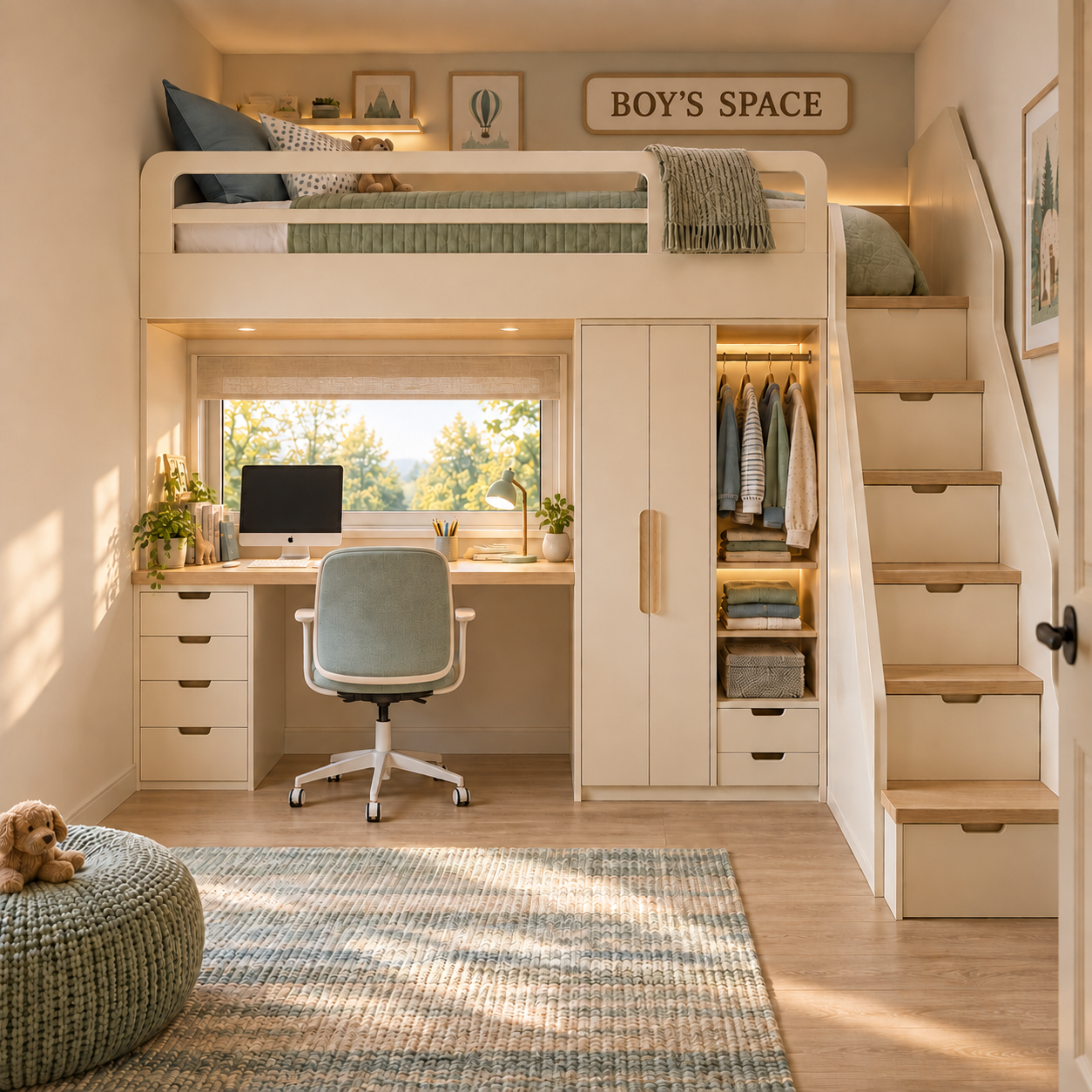 Single-child loft bed with wardrobe storage and a desk facing the window