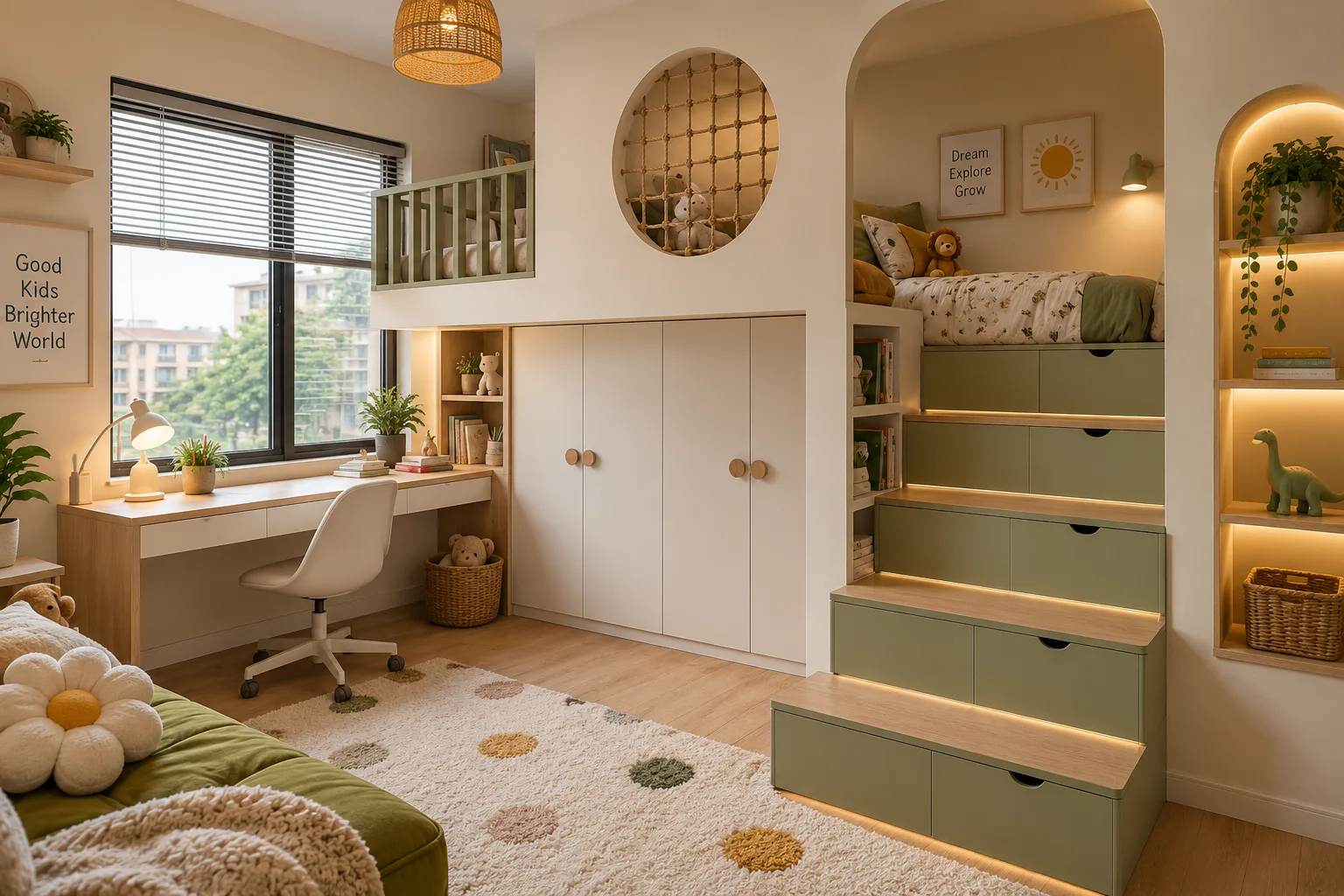 Warm compact kids bedroom with built-in bunk beds, a study desk, wardrobes, and storage steps