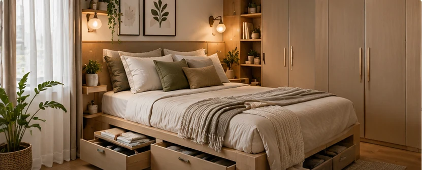 Warm small bedroom with built-in wardrobes and under-bed drawers