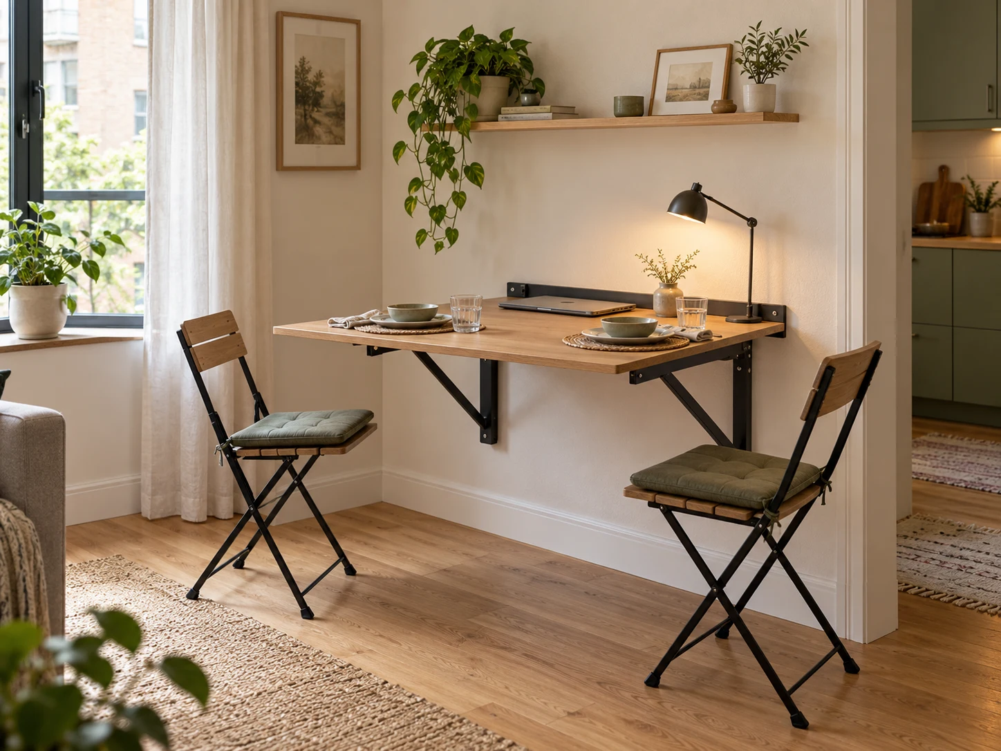 Wall-mounted fold-down table open for two people in a compact apartment, with folding chairs and a clear circulation route.
