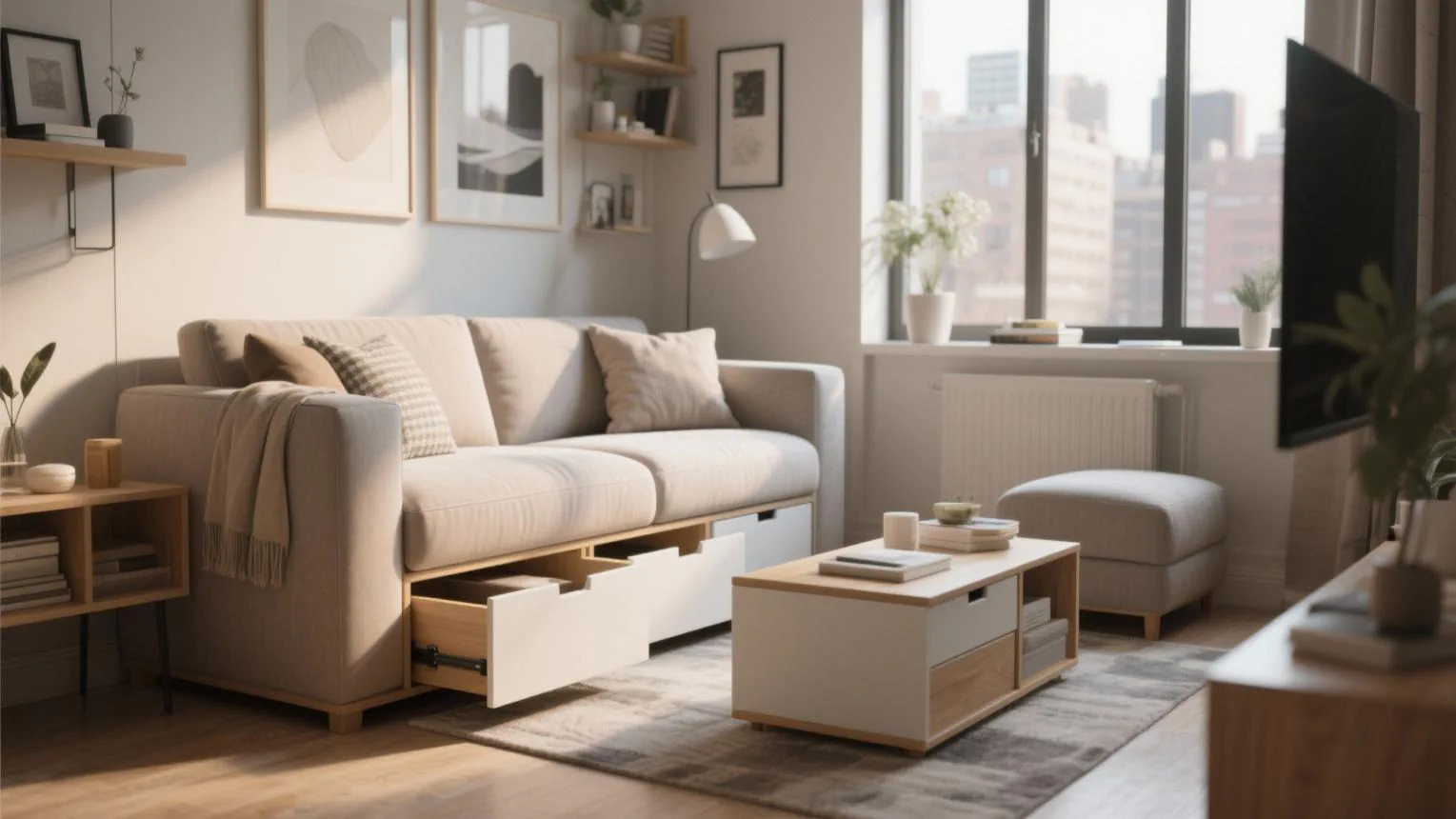Inviting small living room with a practical furniture layout and warm natural finishes