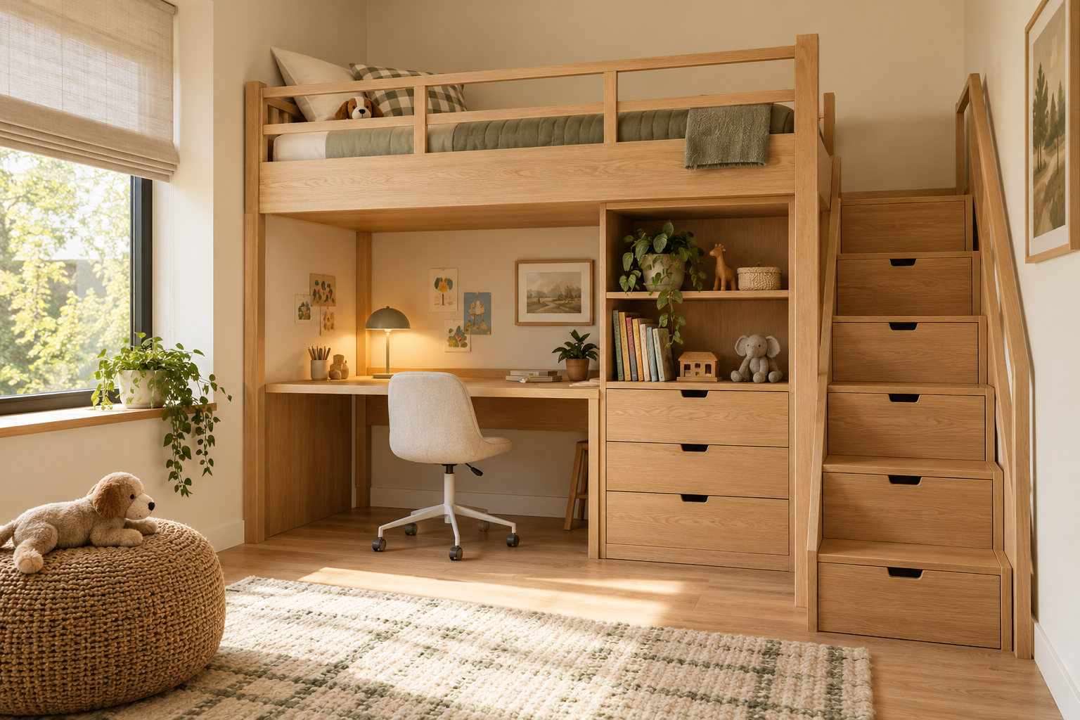 Compact kids' bedroom with a loft bed, integrated desk, drawers, and storage underneath.