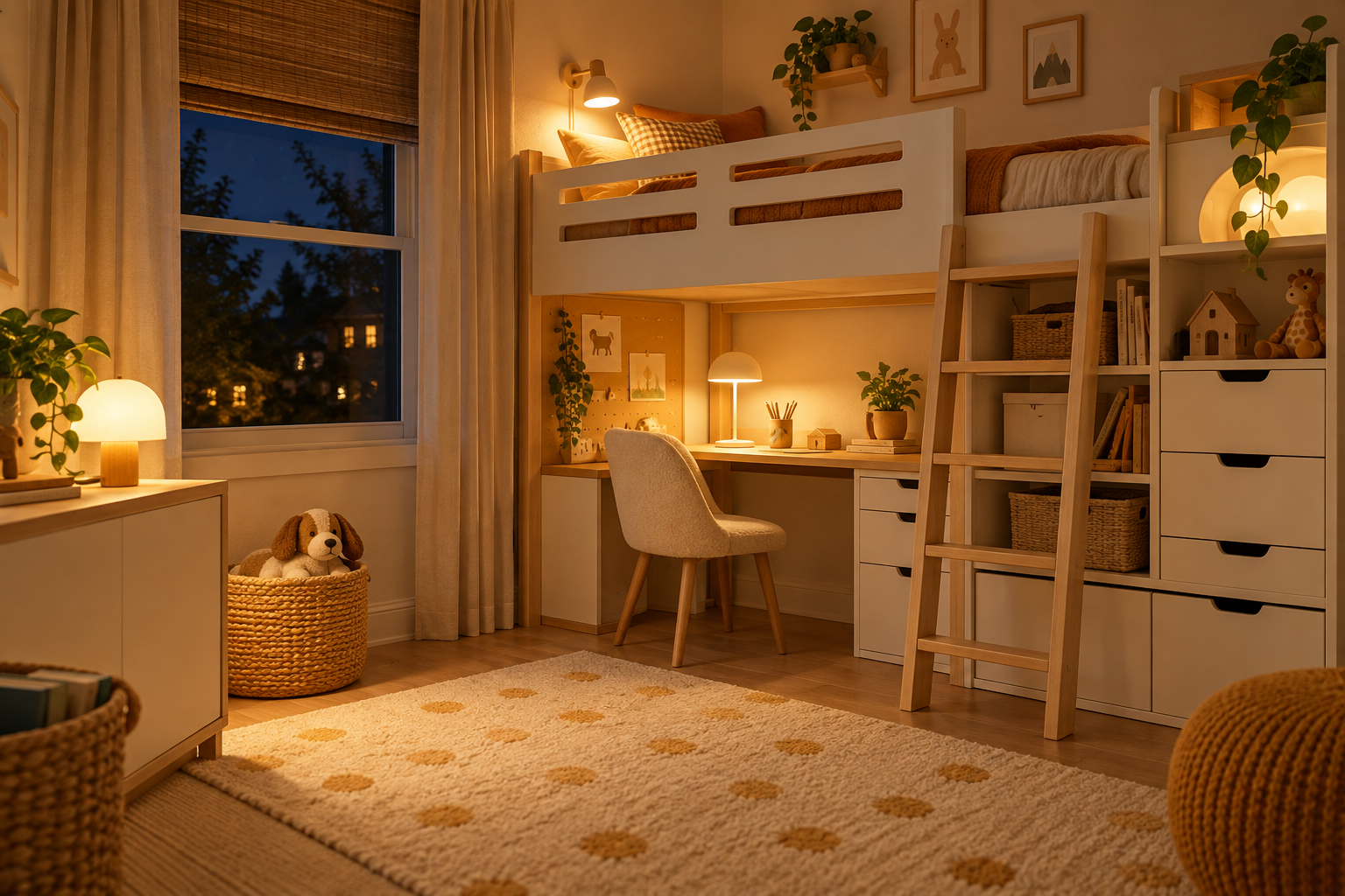 Loft bed bedroom at night with warm reading light, desk lamp, safe ladder, and organized storage