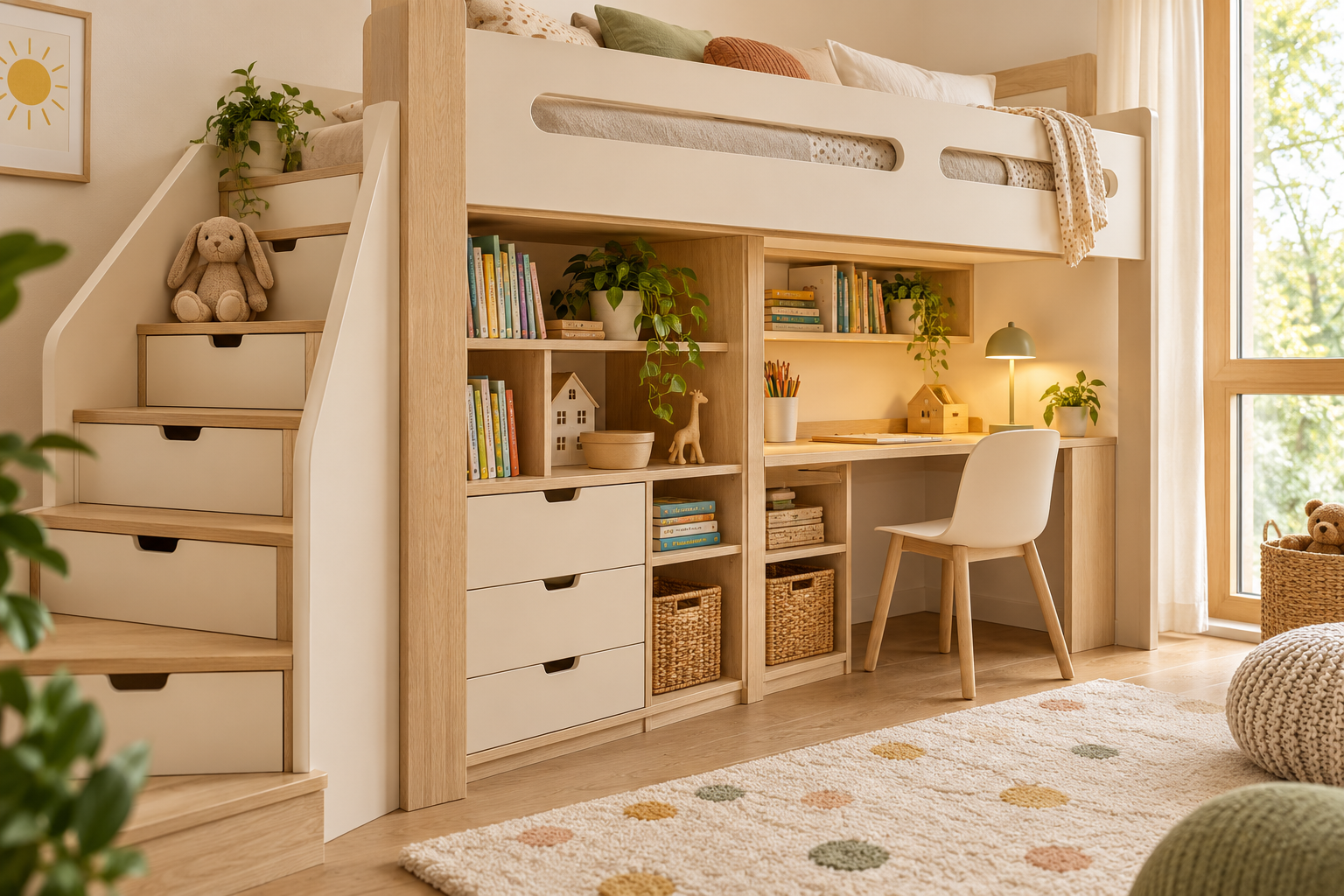 Loft bed with a child-height desk, drawers, open shelves, and a clear circulation route in a compact kids' room