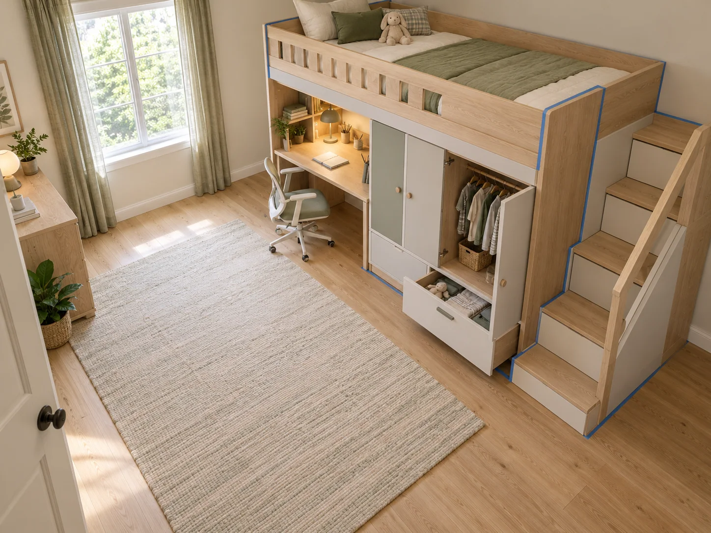 Small kids' room with tape marking a loft bed, stair projection, open wardrobe, open drawer, desk chair, and clear route