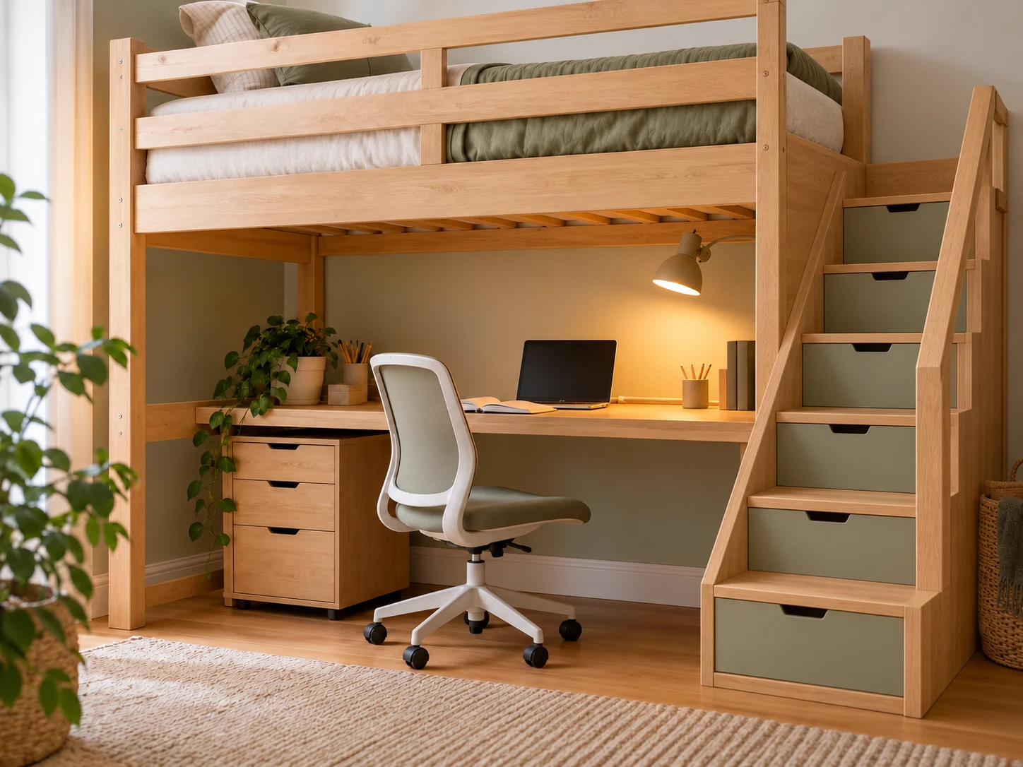 Usable desk beneath a guarded loft bed with broad sloping storage stairs, knee space, chair pullback, task lighting, and organized cable access