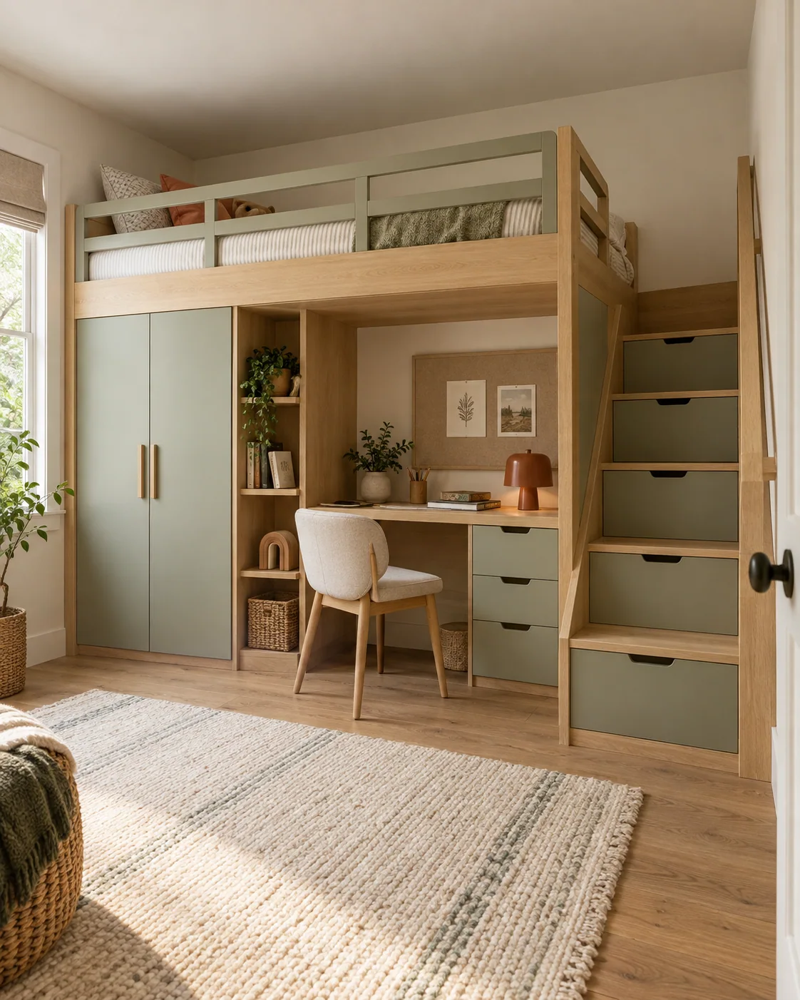 Compact kids' room with a guarded loft bed, desk, wardrobe, storage stairs, and a clear walking path.