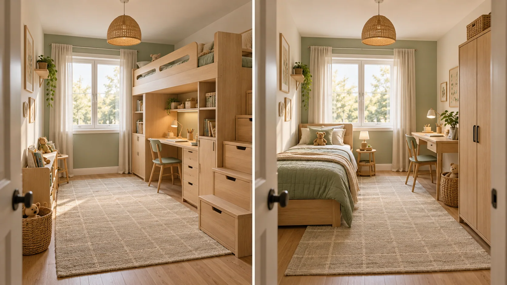 The same small kids' room compared with an integrated loft system and separate bed, desk, and wardrobe pieces