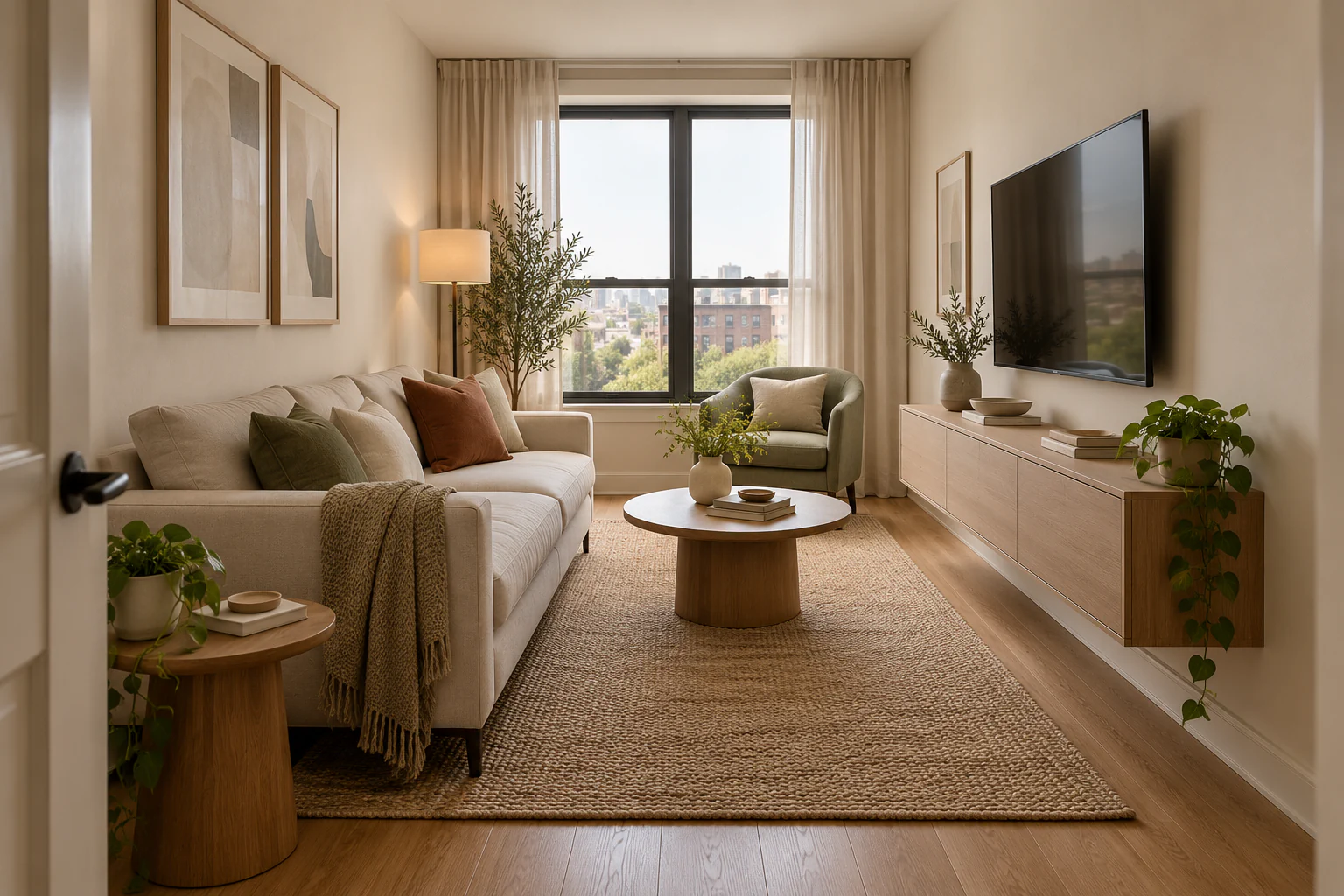 Long narrow living room with a shallow sofa, wall-mounted media console, and a clear route toward the window.