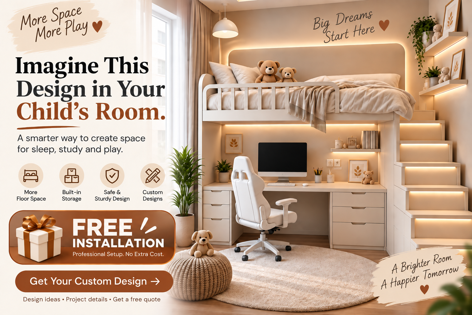 Custom small kids' room design with a loft bed, study desk, storage and installation