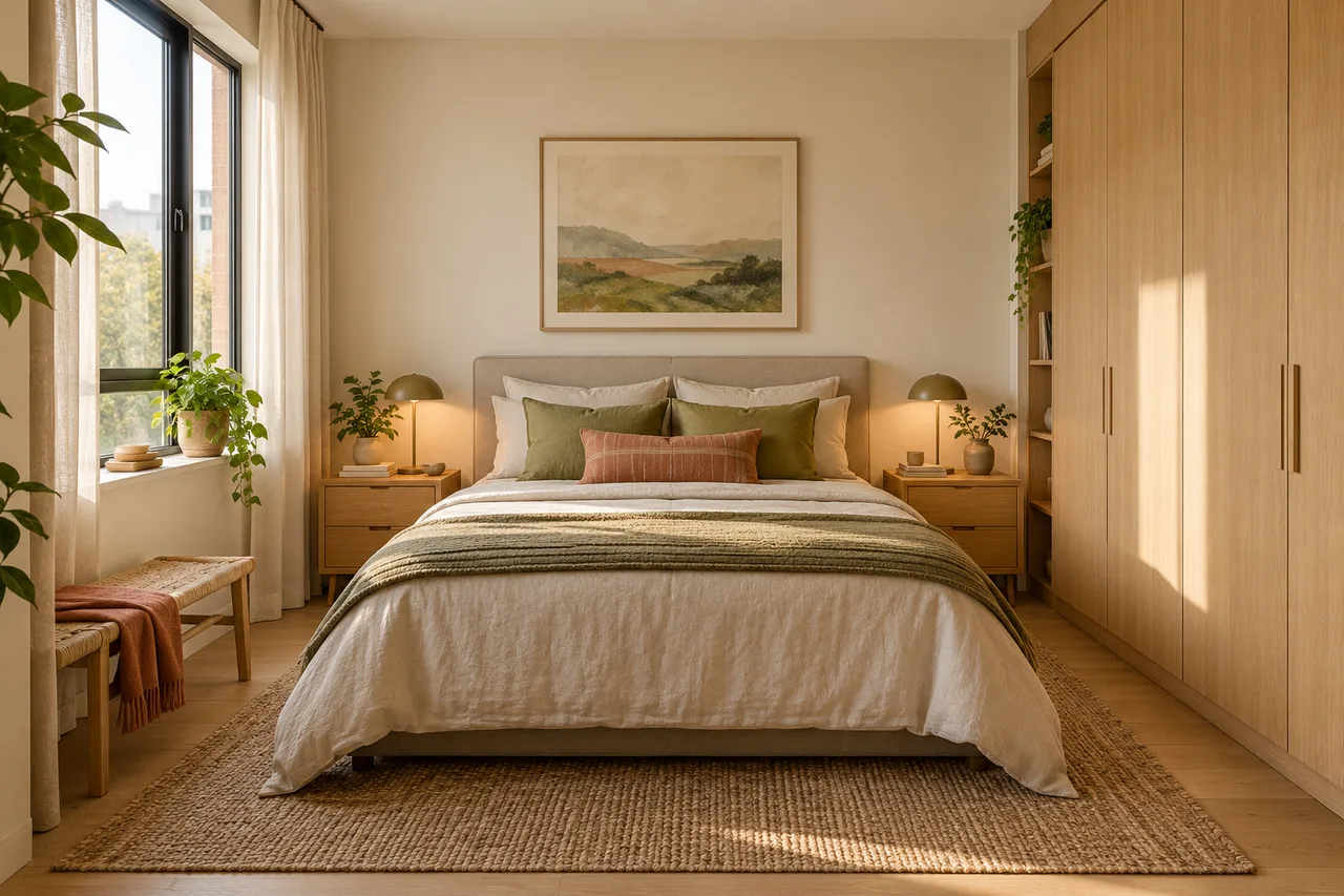 Small shared bedroom with a double bed, balanced bedside storage, two personal zones, and a clear walking route.