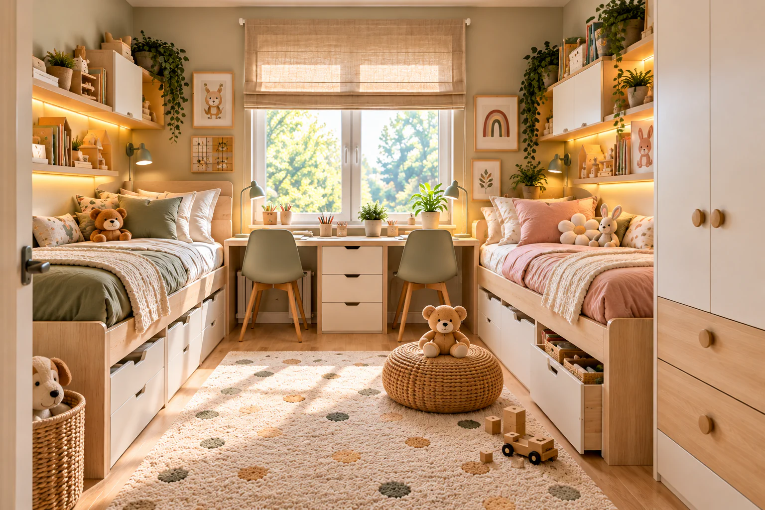 Warm Scandinavian shared kids' bedroom with two beds, a double study desk, under-bed storage, and a clear central play area.