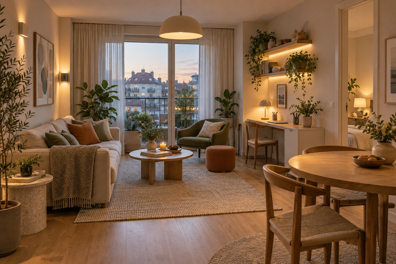 Layered lighting in a flexible small apartment living space.