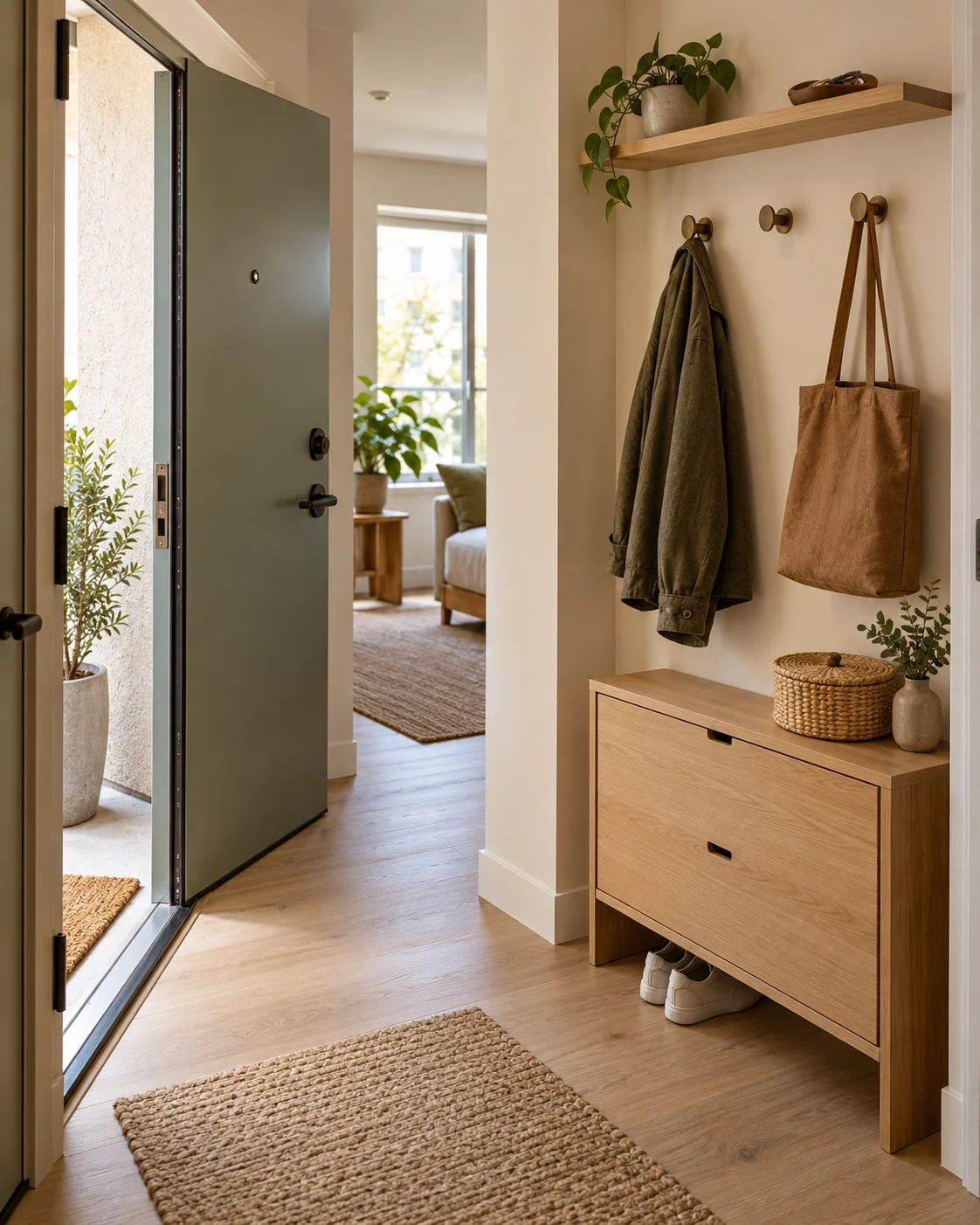 Small apartment entryway with wall hooks, a shallow key shelf, closed shoe storage, and a clear path beside the open front door.