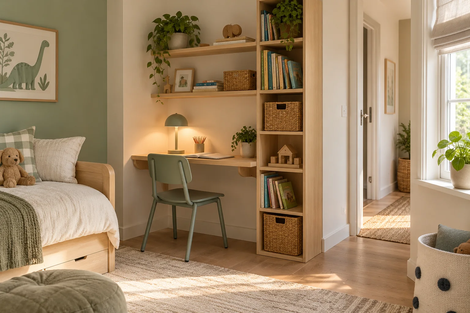 Small kids' homework corner with a compact desk, vertical shelves, organized books, and a clear walking route