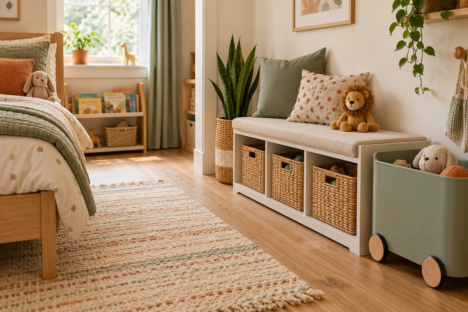 Shallow cubby bench with baskets and a mobile toy bin in a compact kids' bedroom