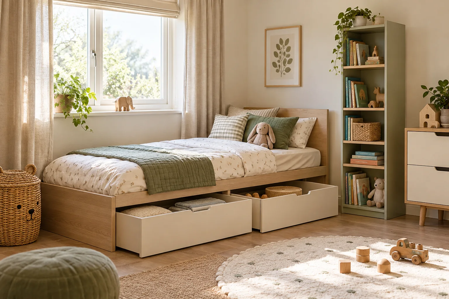 Compact kids' bedroom with a low storage bed, open drawers, vertical shelving, and a clear play area