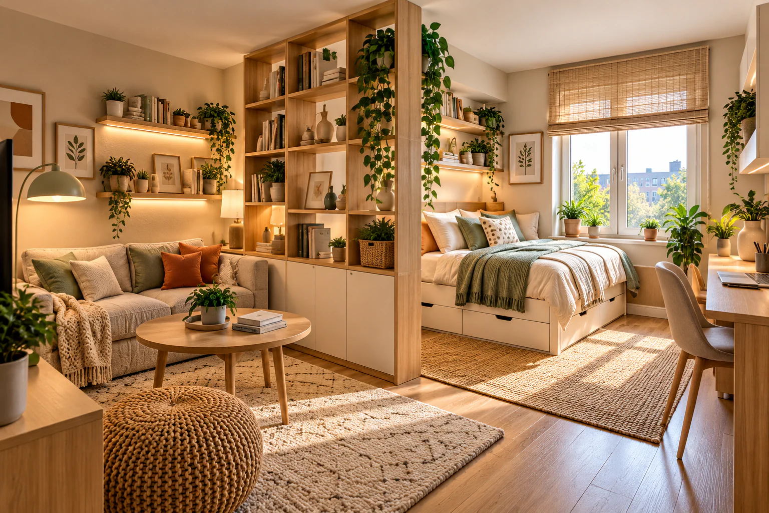 Small studio apartment divided into living and sleeping zones using an open wooden shelving unit without building walls.