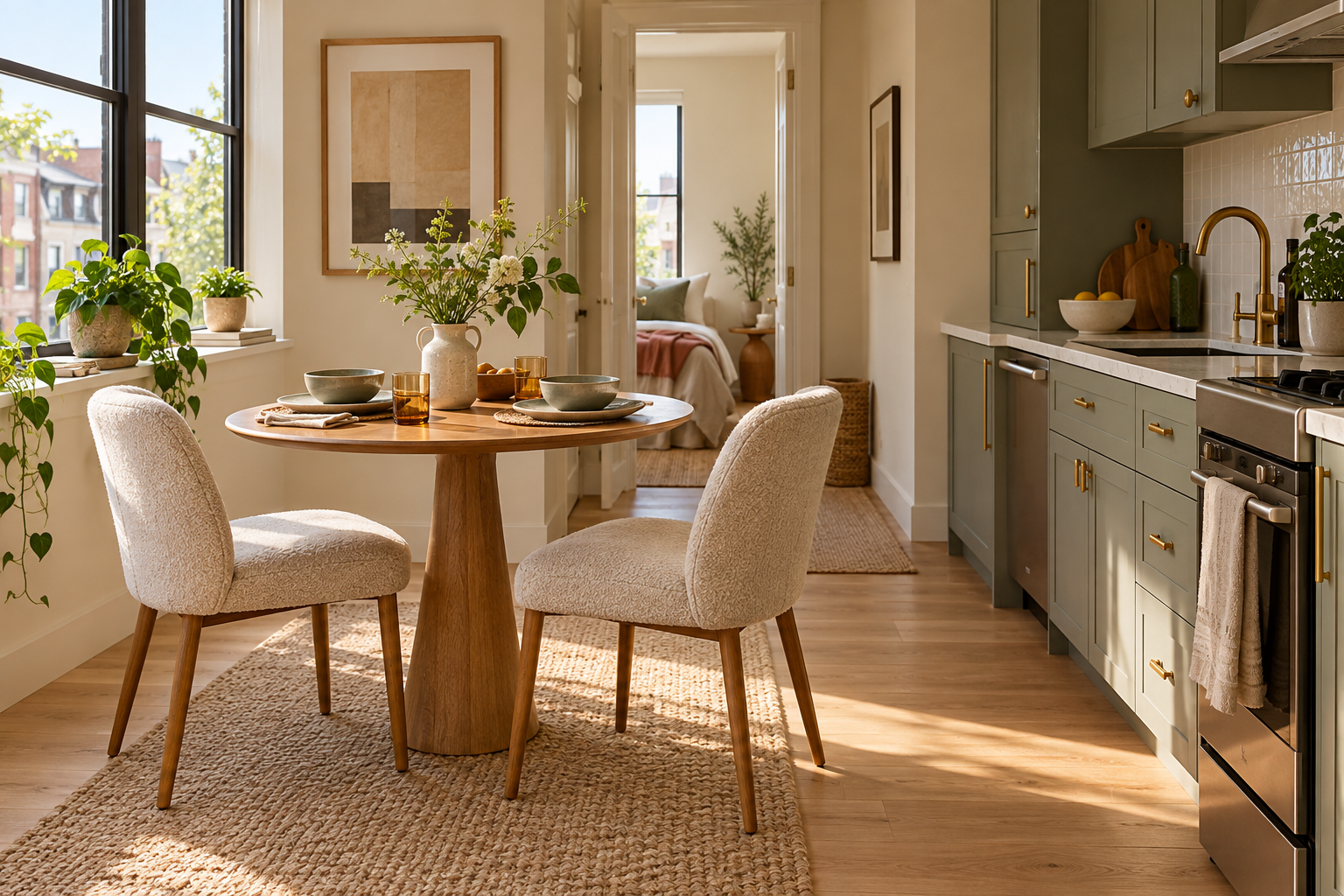 Compact round dining table for two beside a small apartment kitchen with a clear walking route.