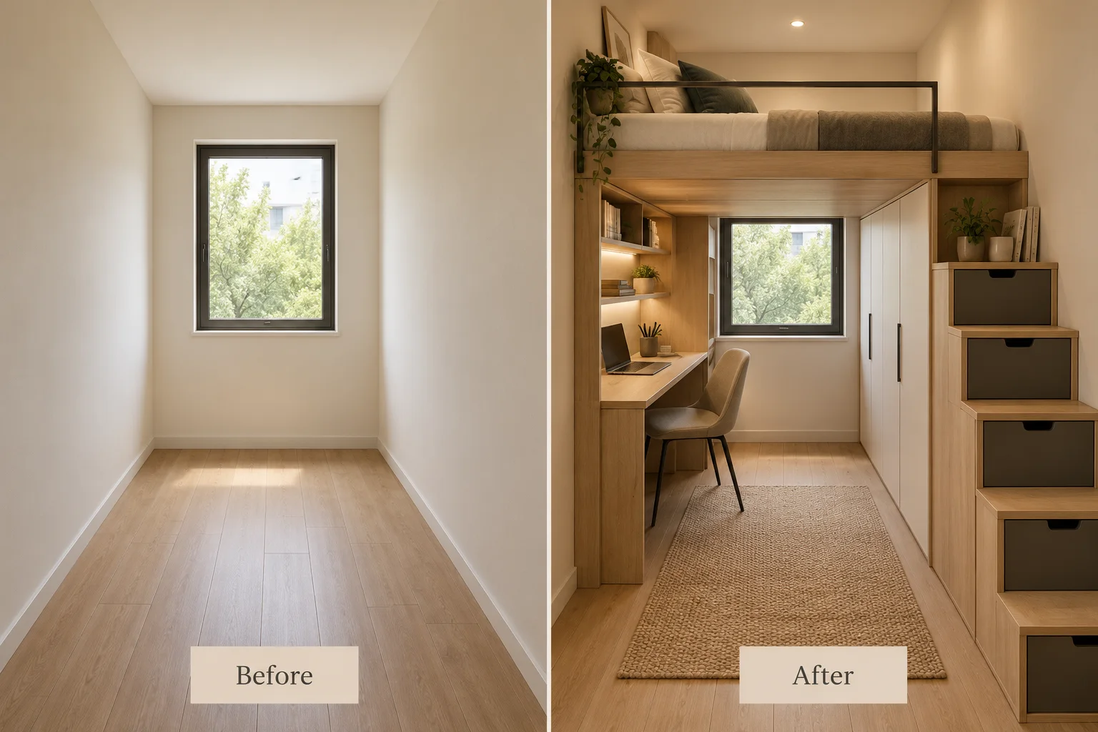 Editorial before-and-after comparison showing an empty narrow room beside an illustrative loft-bedroom arrangement.