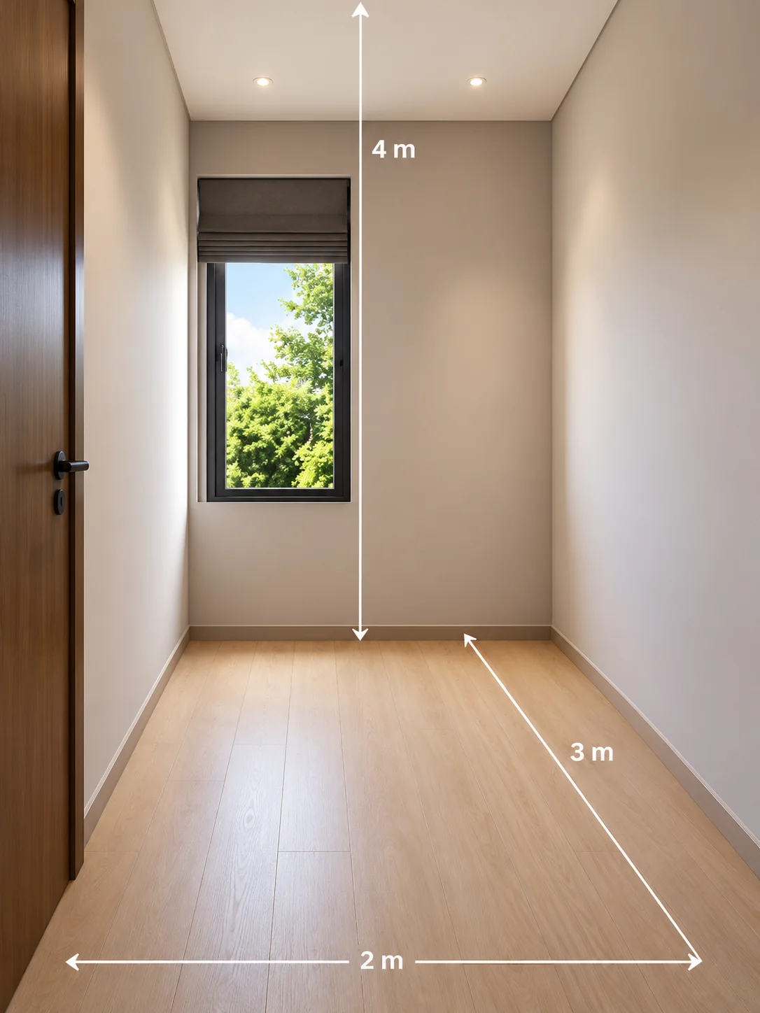 Empty narrow bedroom with annotated 2m width, 3m length, and 4m ceiling measurements.
