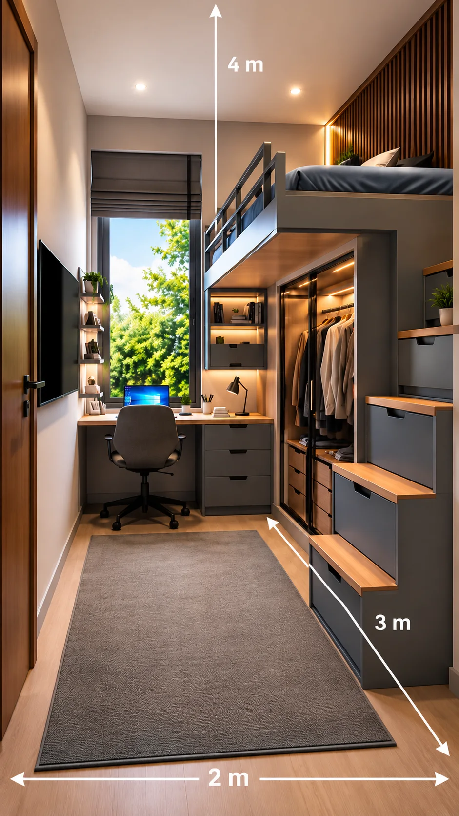 Illustrative narrow bedroom with a loft bed, desk, wardrobe, storage drawers, and labels showing a 2m width, 3m length, and 4m ceiling.