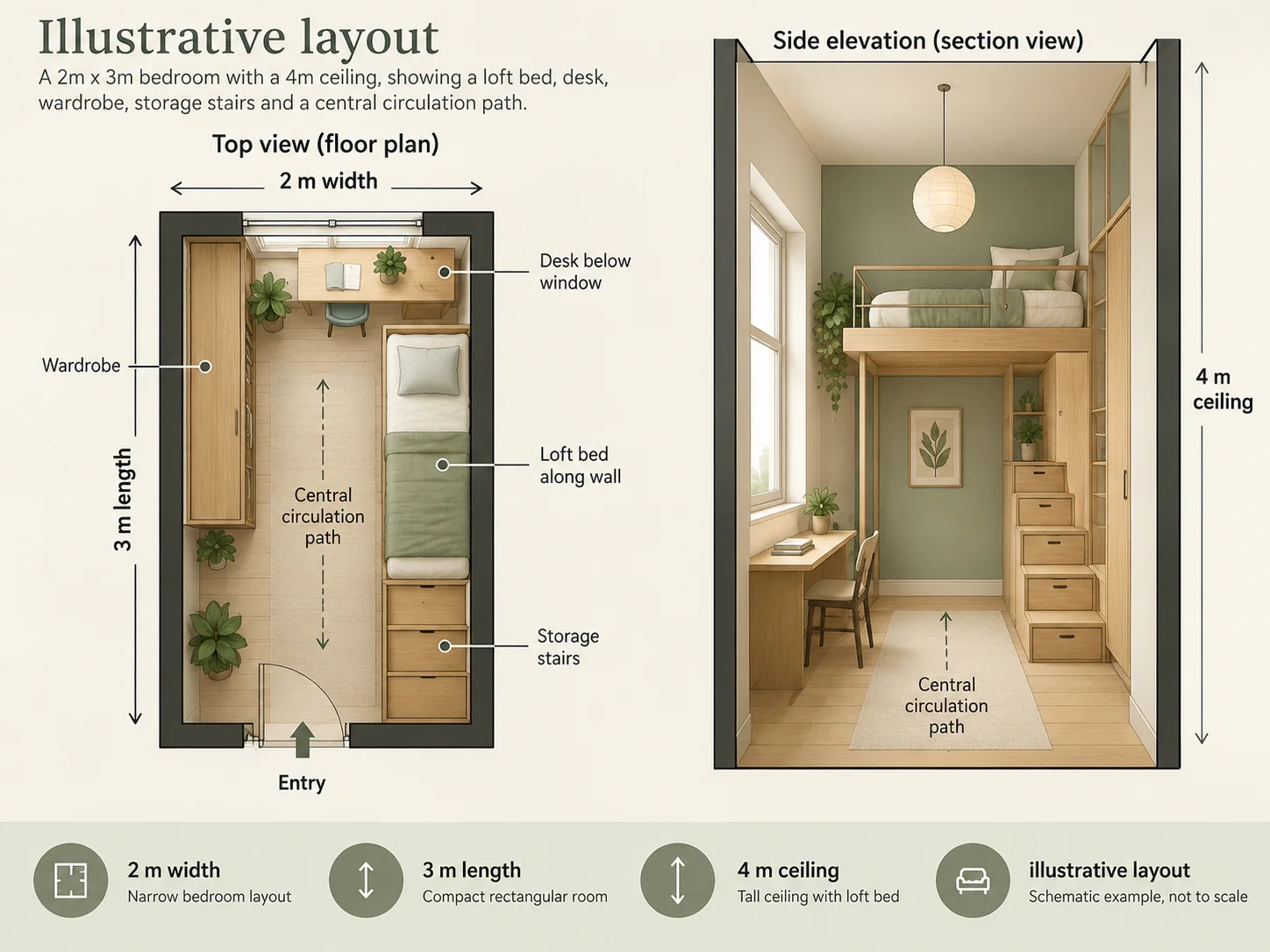 Schematic space-planning infographic for an illustrative 2m × 3m bedroom with a 4m ceiling, loft bed, desk, wardrobe, stairs, and circulation route.