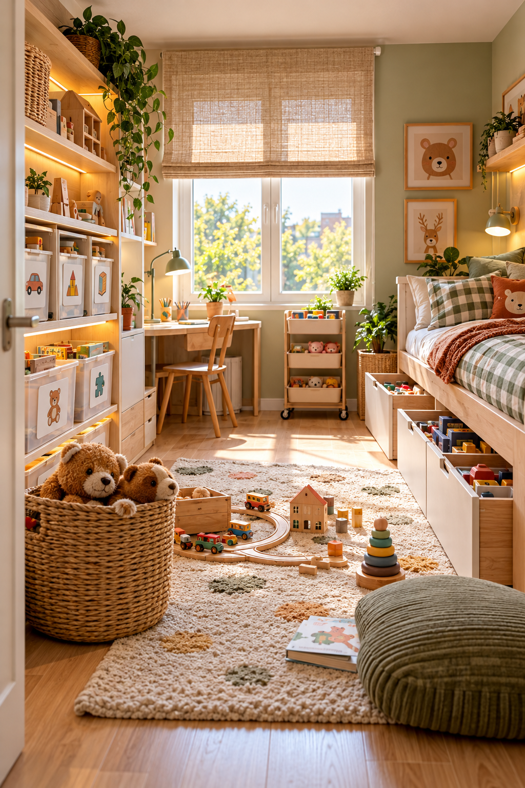Warm, organized small kids' bedroom with labeled toy storage, a low rolling cart, drawers, and a clear central play area.