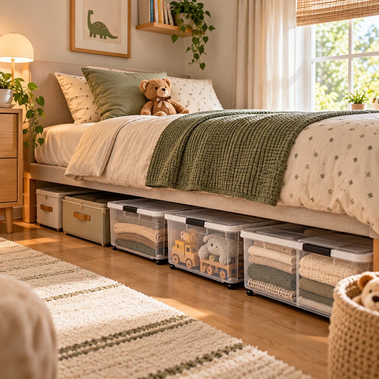 Warm bedroom with clear rolling under-bed bins organizing folded blankets, toys, and seasonal items.