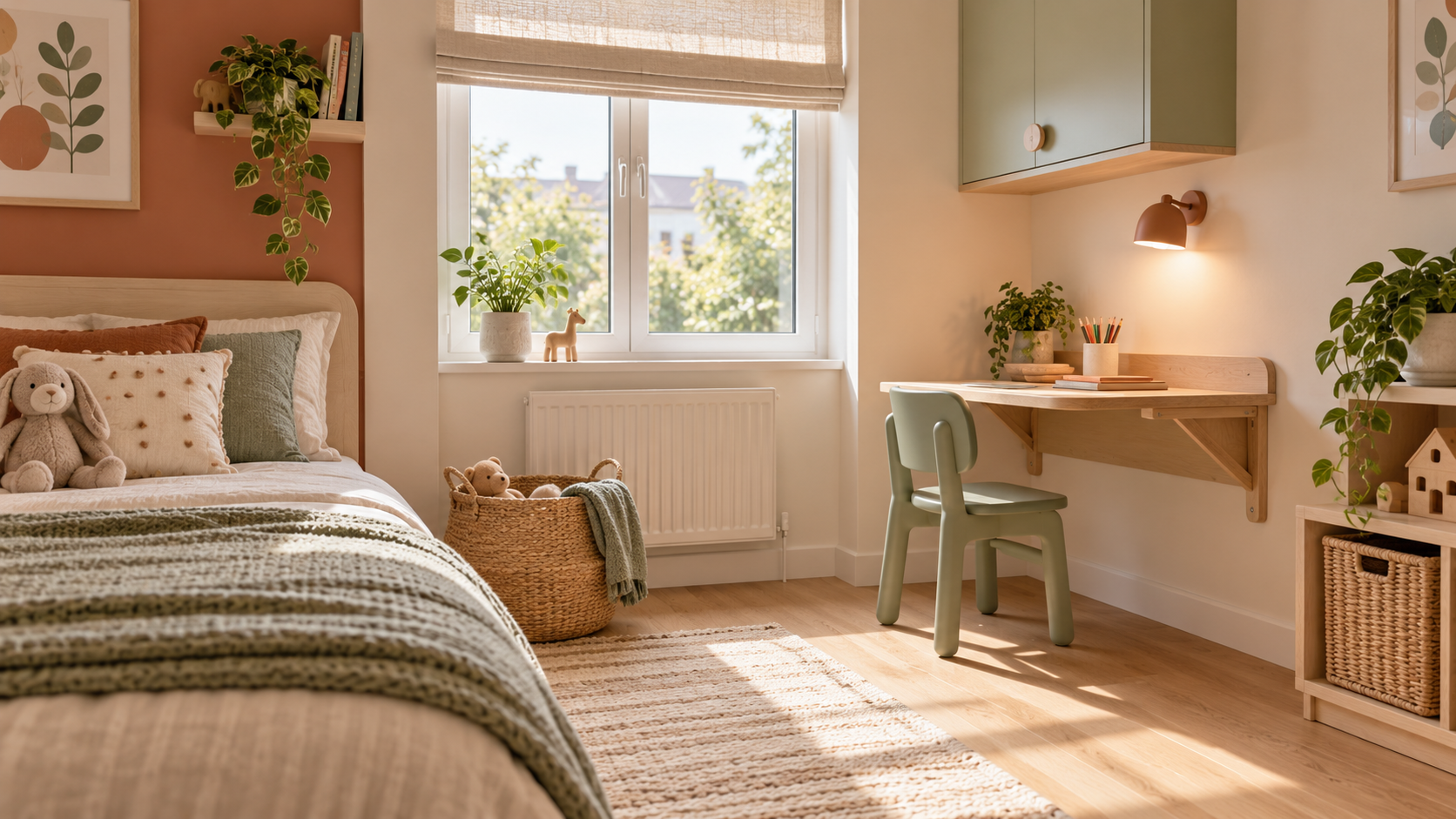 Compact kids room with a dedicated desk, low storage, and a clear floor for homework.