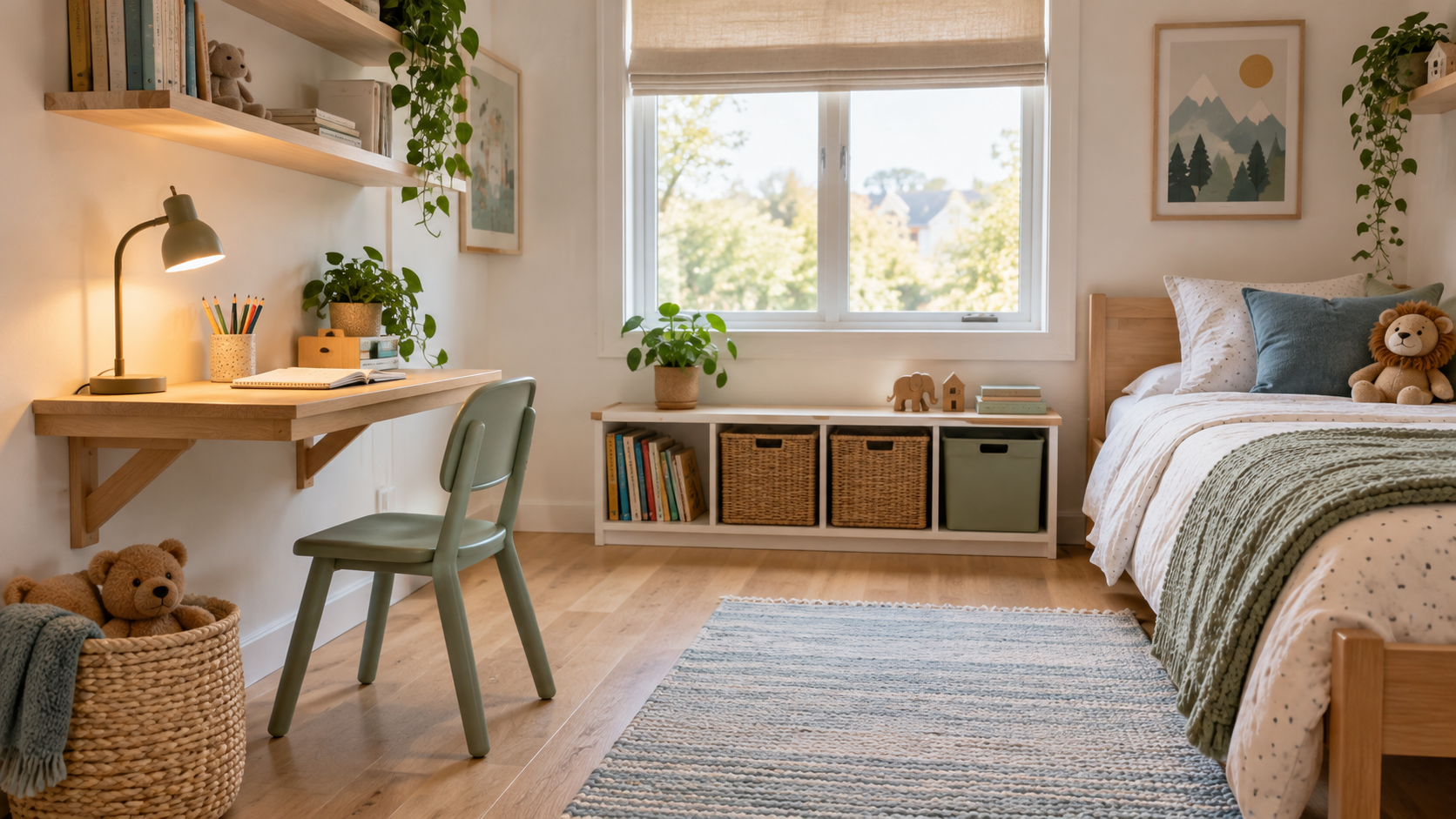 Small kids' bedroom with a wall-mounted homework desk, child-size chair, task light, low storage, and clear floor.