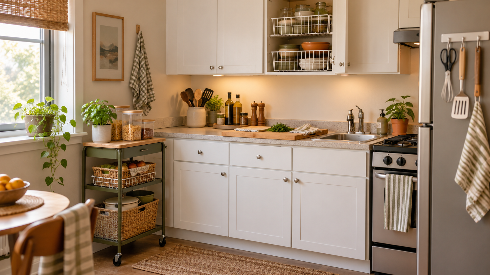 Compact rental kitchen with a clear prep counter, freestanding rolling cart, removable cabinet baskets, and organized everyday tools.
