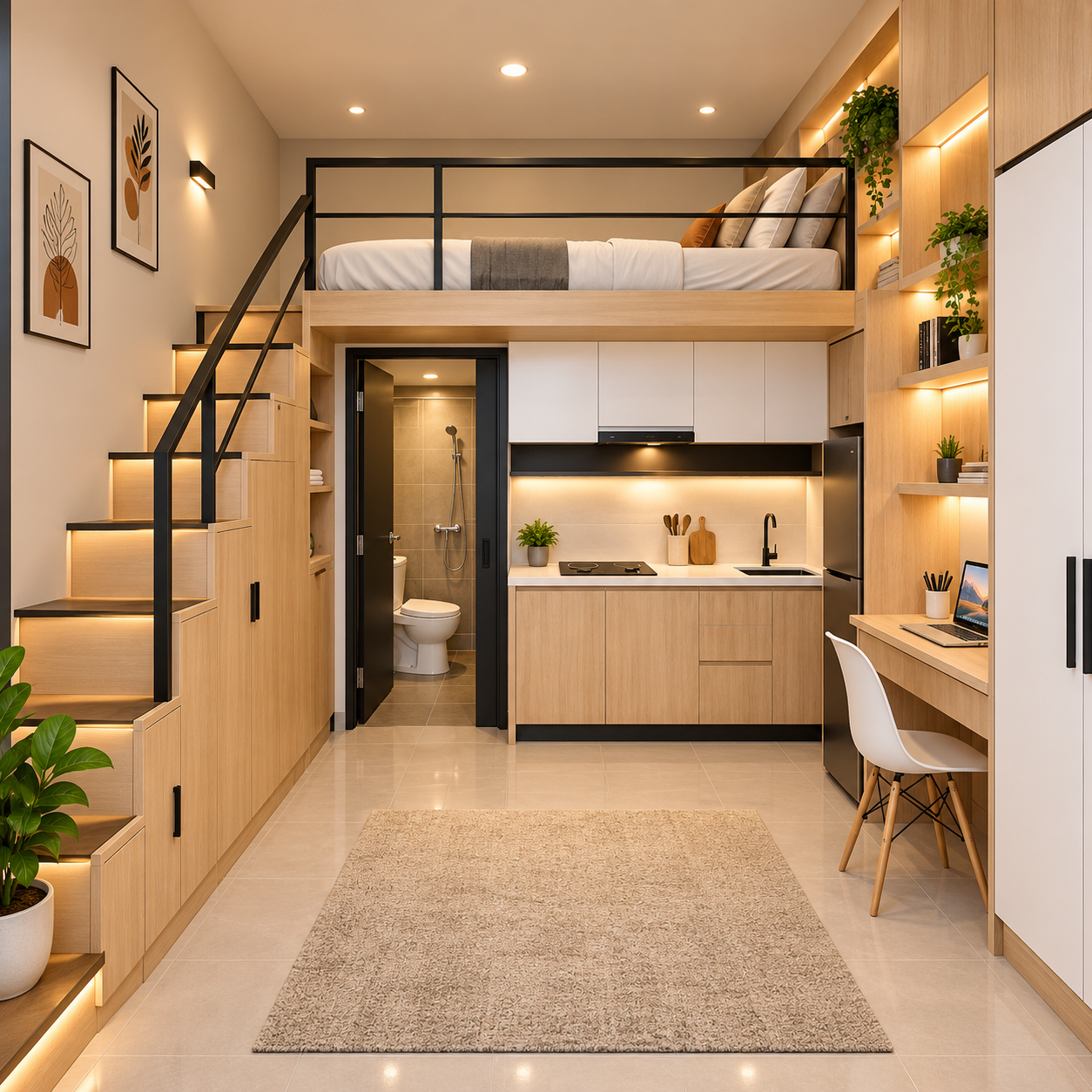 AI-generated concept illustration of a compact studio with a raised bed, storage stairs, kitchenette, and bathroom entrance.